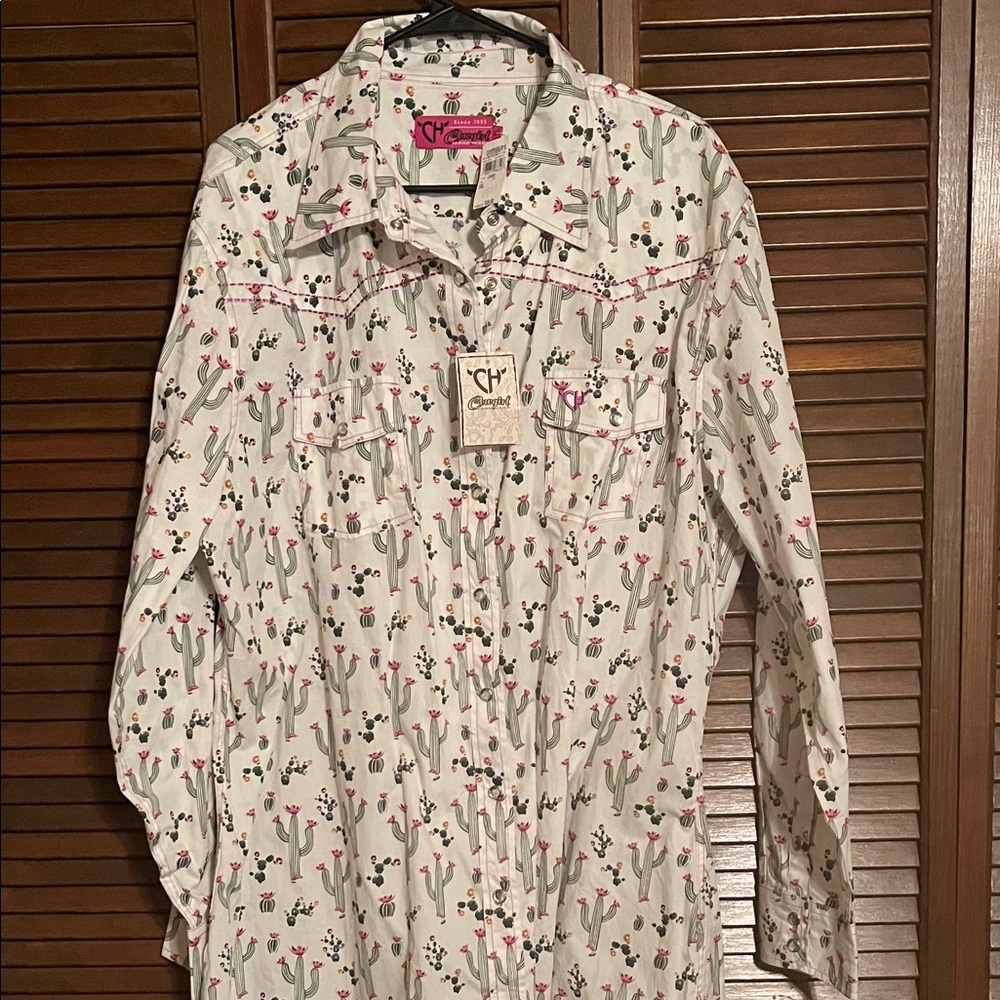 SOLD Women's Cactus Print Button Down Shirt - Cream